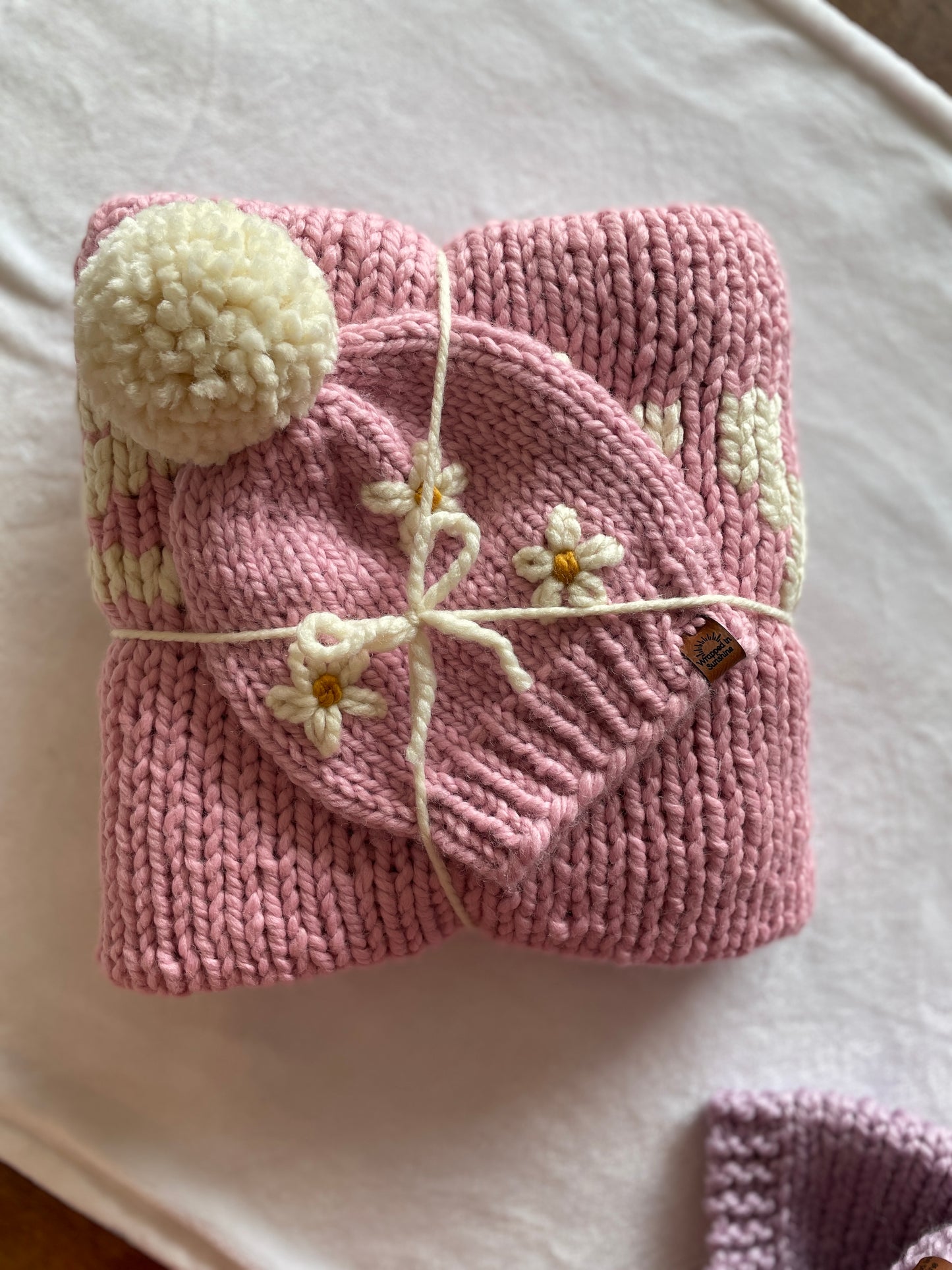 Rose Toddler Blanke with Buttercup hat - true colour in natural light